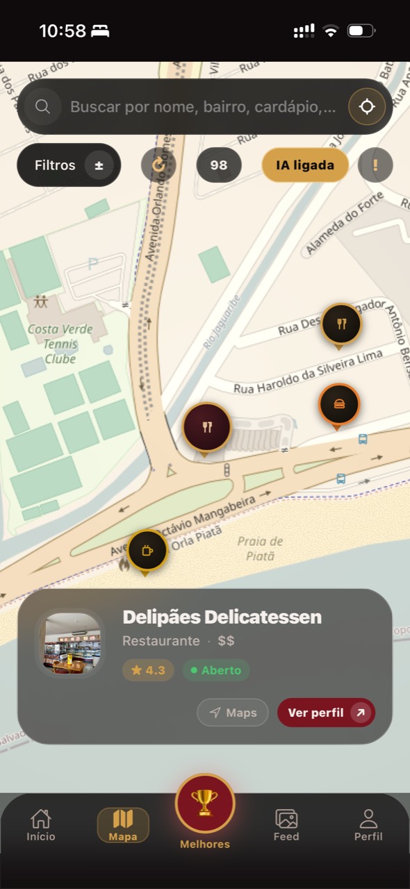 Mapa real do iBorah mostrando restaurantes próximos